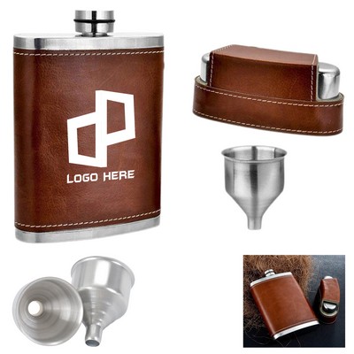 8 Oz Pocket Hip Flask W/ Leather Cover