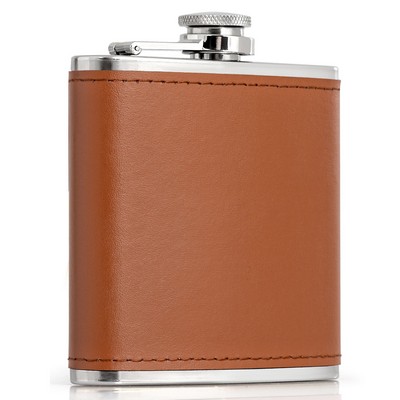 6 oz. Stainless Steel Flask w/Brown Genuine Leather Wrap